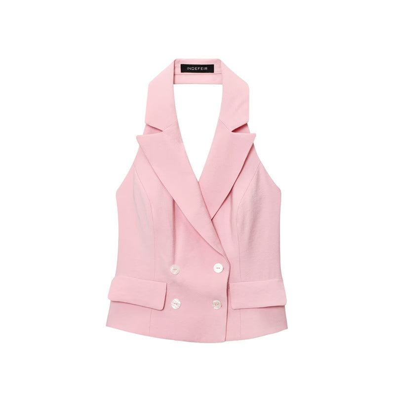 Double Breasted Hanging Collar Vest Pleated Wide Leg Pants