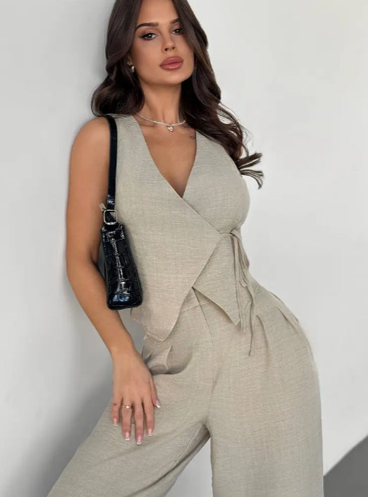 Elegant Waist Cinching Top And Wide Leg Pants