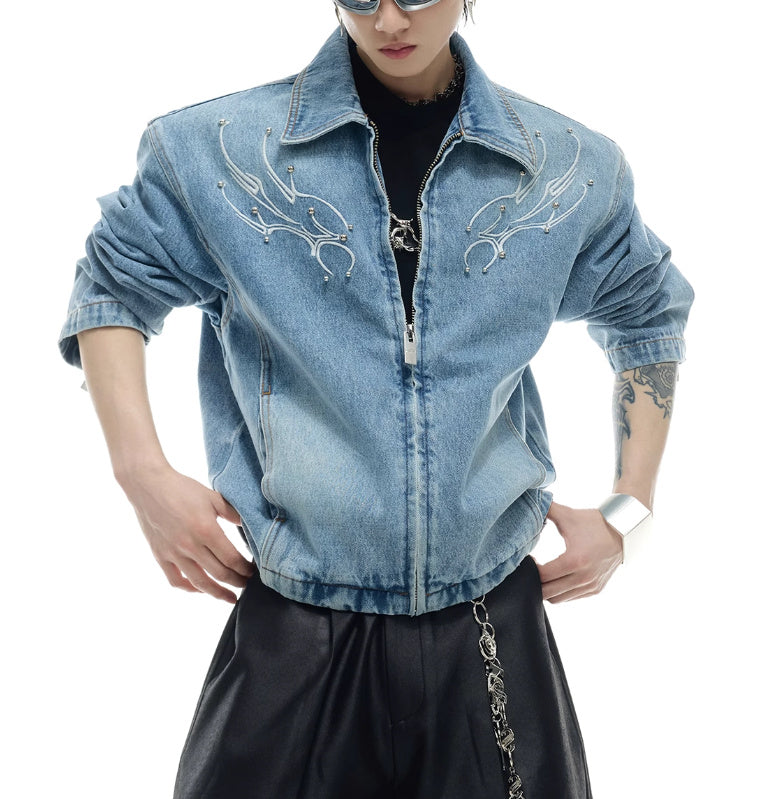 Retro Washed Rivet Backbone Denim Coat
