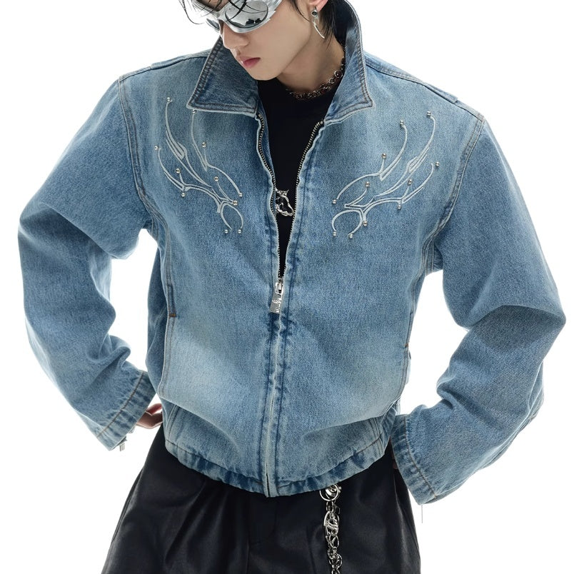 Retro Washed Rivet Backbone Denim Coat