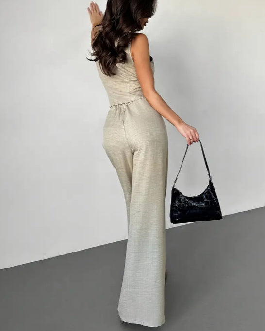 Elegant Waist Cinching Top And Wide Leg Pants