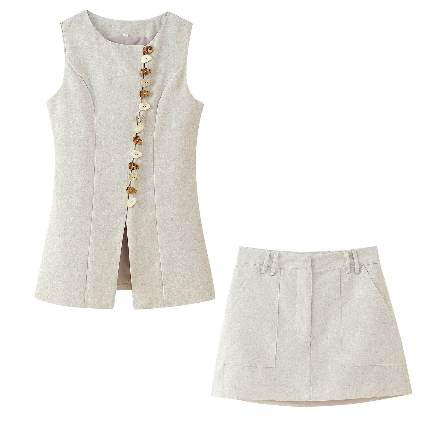 Round Neck Breasted Vest Skirt Outfit