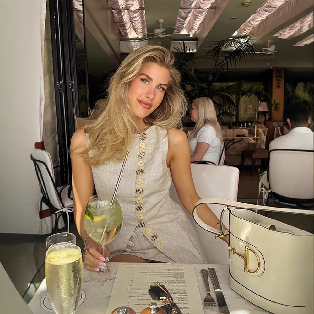 Round Neck Breasted Vest Skirt Outfit