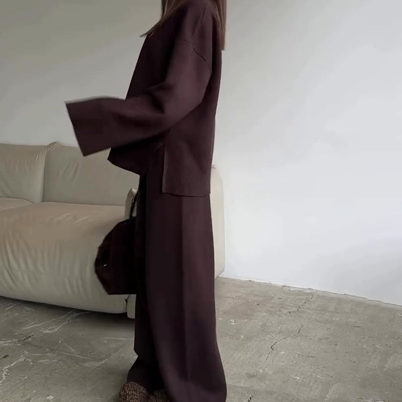 Round Neck Wide Leg Pants Sweater Suit