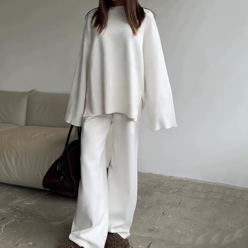 Round Neck Wide Leg Pants Sweater Suit