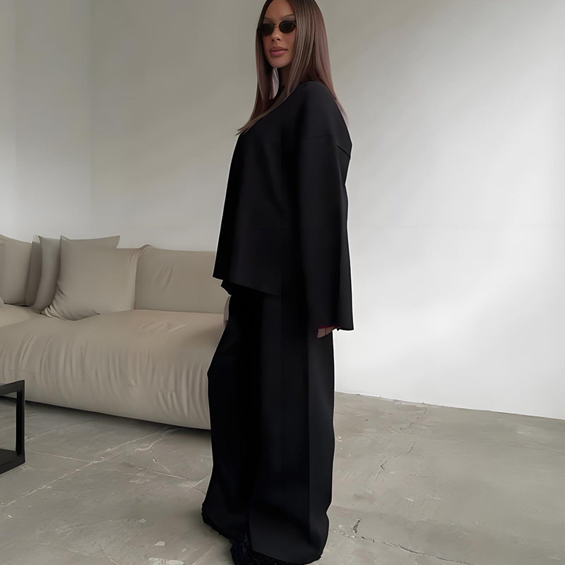 Round Neck Wide Leg Pants Sweater Suit