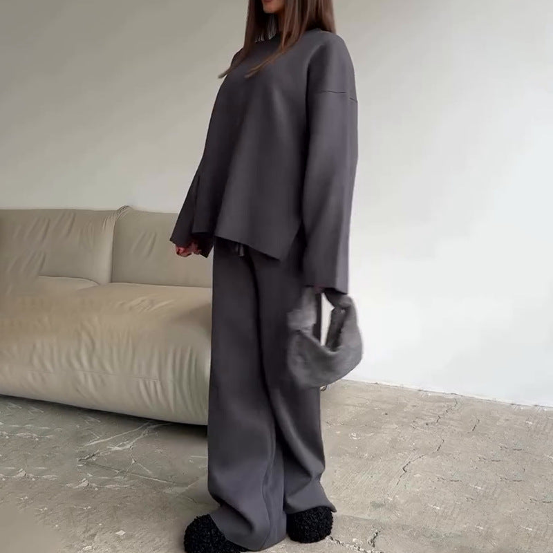 Round Neck Wide Leg Pants Sweater Suit