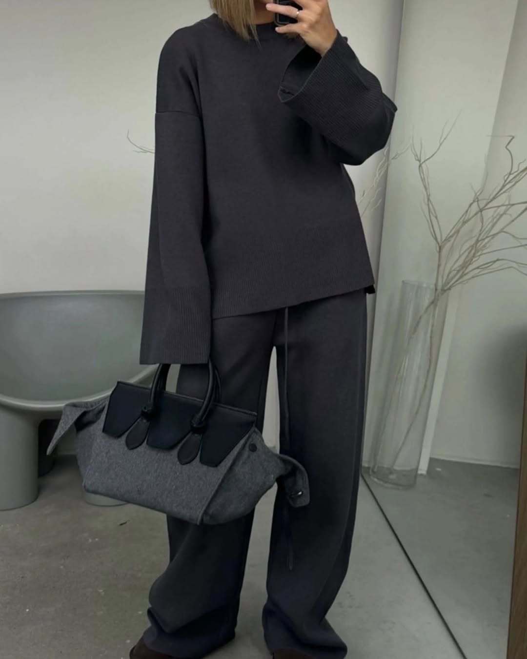 Round Neck Wide Leg Pants Sweater Suit