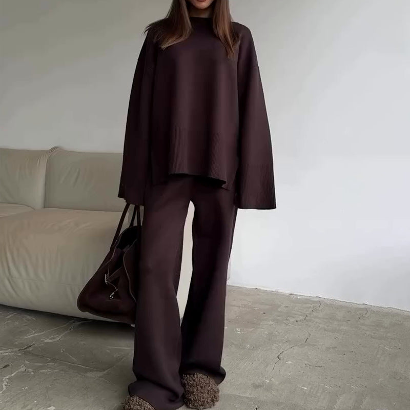 Round Neck Wide Leg Pants Sweater Suit