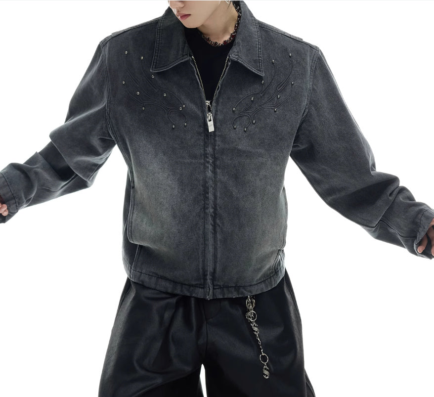 Retro Washed Rivet Backbone Denim Coat