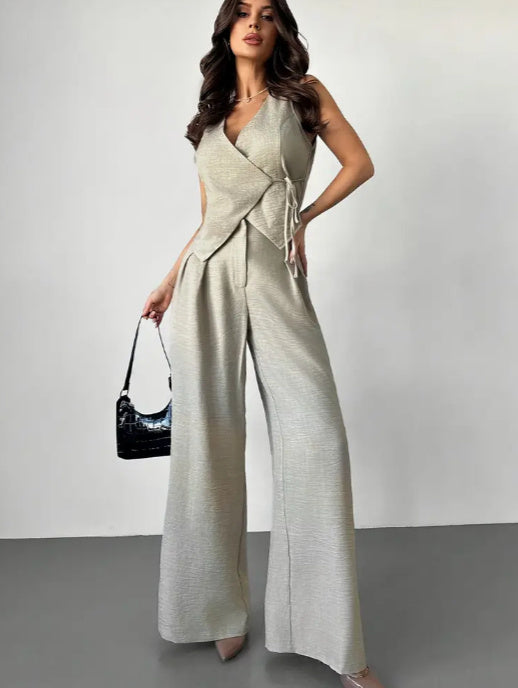 Elegant Waist Cinching Top And Wide Leg Pants