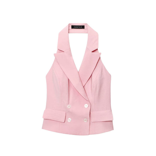 Double Breasted Hanging Collar Vest Pleated Wide Leg Pants