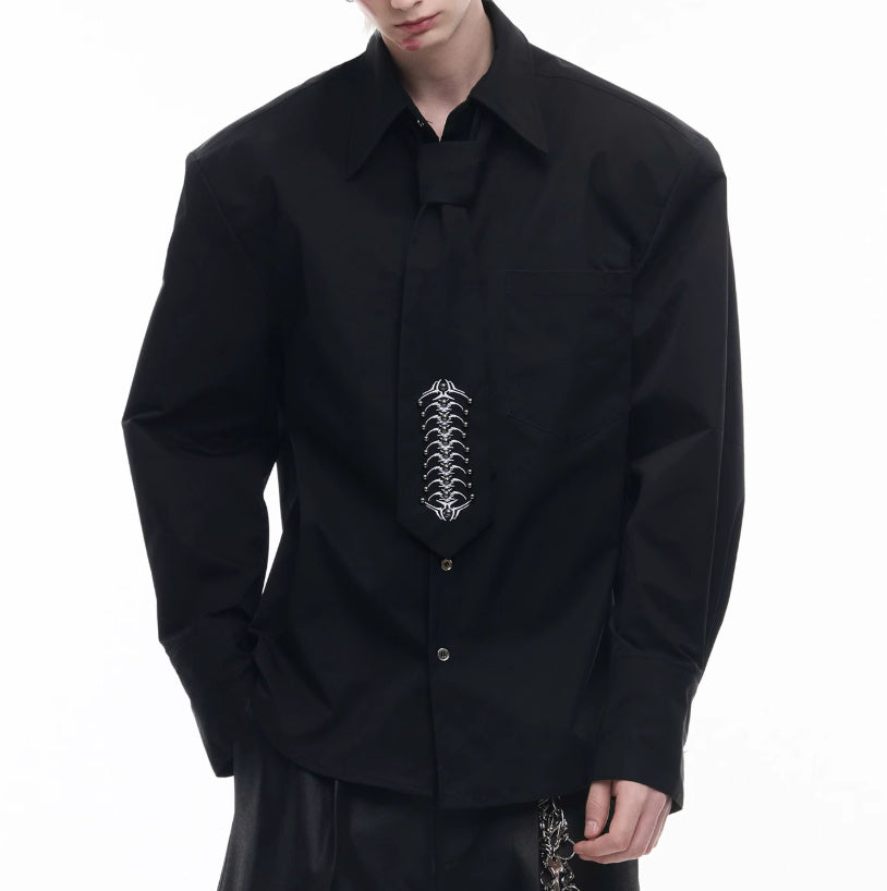 Deconstruction Backbone Embroidered Tie Shirt
