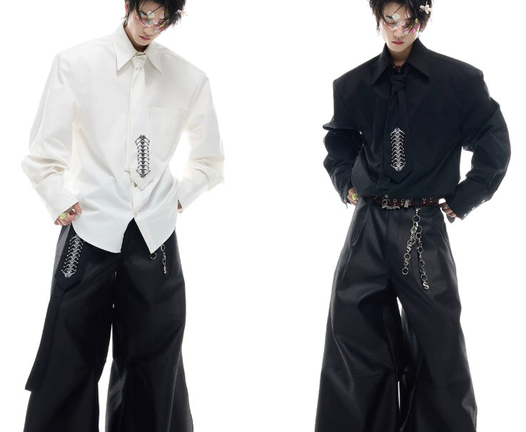 Deconstruction Backbone Embroidered Tie Shirt